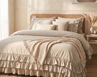 Ivory Ruffle Cotton Duvet Cover Farmhouse Bedding Set Washed Cotton Bedding Boho Ruffle Comforter Cover Cottagecore Bed Queen King Twin