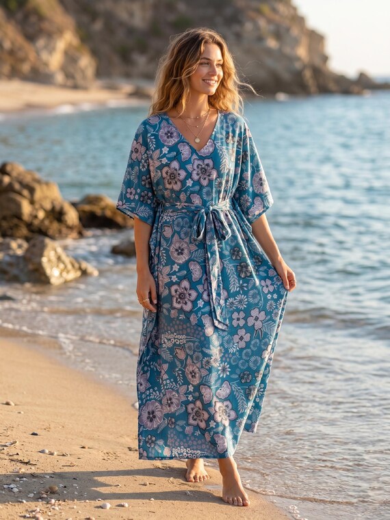blue kaftan maxi dress Floral Dress, Bohemian Beach Cover Up, Women's Resort Wear, Vacation Caftan, Lightweight Summer Mixed in rich blues gold label dress shirt Primavera Couture 3295 Size Size:26/28