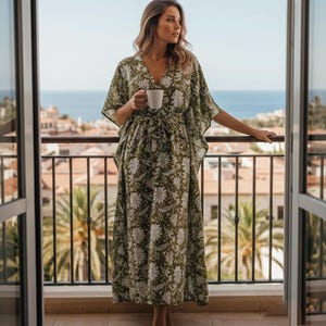 Olive Green Floral Kaftan Dress, Hand Block Print Cotton Lounge Dress, Boho Summer Caftan, Loose Fit Resort Wear for Women
