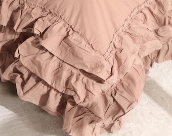 Light Pink 3 Ruffle Duvet Cover, Romantic Shabby Chic Bedding, Soft Linen Bedspread, Farmhouse Bedroom Decor, Queen King bedding Set