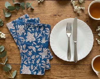 Blue Floral Block Print Cotton Napkins, Indian Farmhouse Style