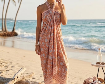 orange Floral Block Print Sarong, Cotton Beach Wrap Pareo, Handmade Summer Cover-Up, Lightweight Scarf Shawl Cotton Pareo, Beach Wrap