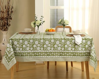Green Floral Table Cover, Hand Block Print Cotton Tablecloth, Boho Dining Table Decor Handmade Block Printed Cotton Tablecloth