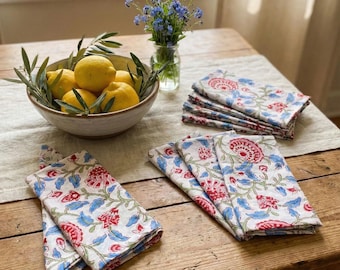 Hand Block Printed Floral Napkins: 100% Cotton Dinner Napkins