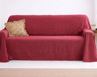 錆びたような赤色のリネンソファカバー、ミニマルなソファカバー、ウォッシュドコットン製スリップカバー、ボヘミアン風リビングルーム装飾
