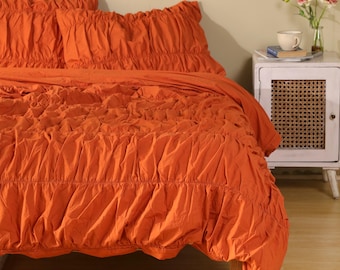Juego de funda nórdica en tonos óxido, ropa de cama en naranja quemado, textura suave y arrugada, decoración de dormitorio bohemia de terracota, funda de edredón de arcilla terrosa, tamaño Queen, King y Full