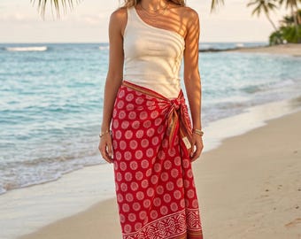Wikkelrok rode sarong boho, strandkleed, katoengedrukte pareo, tropische vakantierok, handgemaakte zomerwrap, resortkleding, strandkleding voor dames