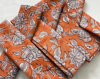 Orange Floral Hand Block Printed Cotton Napkins: Indian Decor