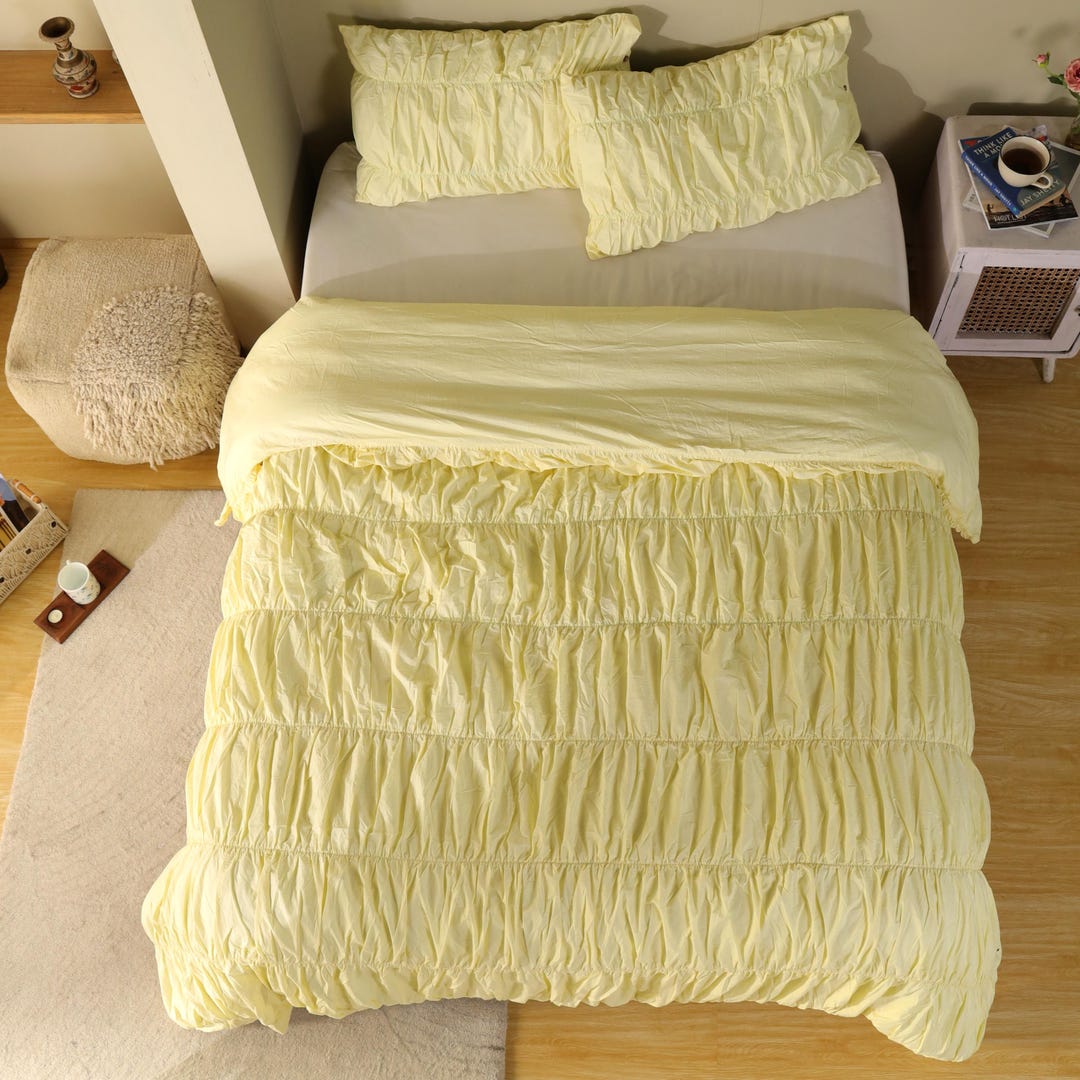Yellow Pastel Wrinkle Comforter Set, Ruched Bedding, Cottagecore ...