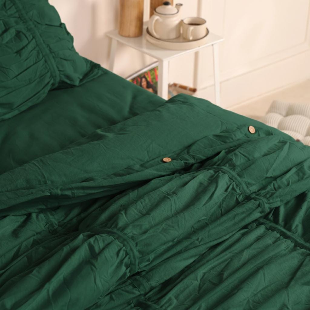 Dark Green Ruffle Linen Duvet Cover Coquette Style Bedding Wrinkle ...