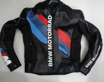 Blouson moto BMW - Blouson moto de course en cuir haut de gamme Blouson de course BMW pour homme - Équipement moto en cuir véritable