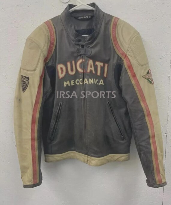 Ducati Meccanica Vintage Leather Jacket – Handmade Beige Cowhide Biker Jacket