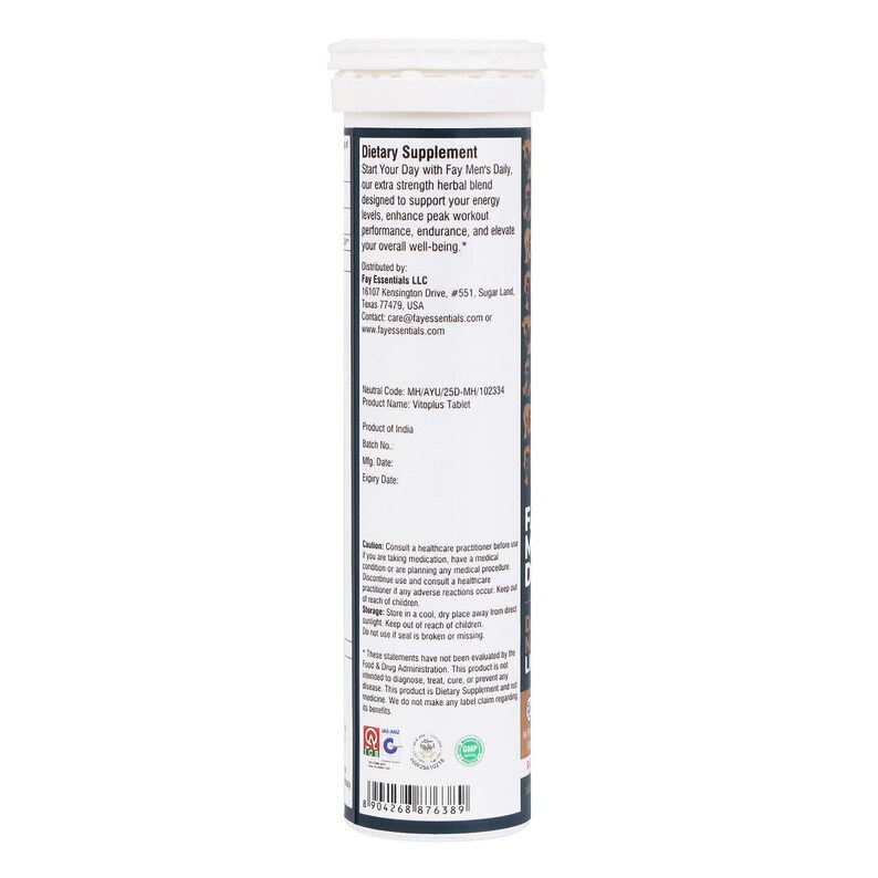 May include: A cylindrical dietary supplement container with a white cap. The label features text including "Dietary Supplement" and "Vitoplus Tablet." The container is primarily white with black and brown text and graphics. The product is from India.