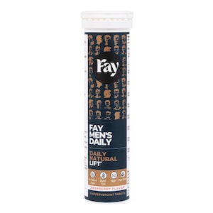 May include: A white and navy blue tube of Fay Men's Daily Natural Lift effervescent tablets. The tube has a white cap and features the Fay logo, along with the words "Daily Natural Lift" and "Raspberry Flavour". The tube contains 15 tablets.