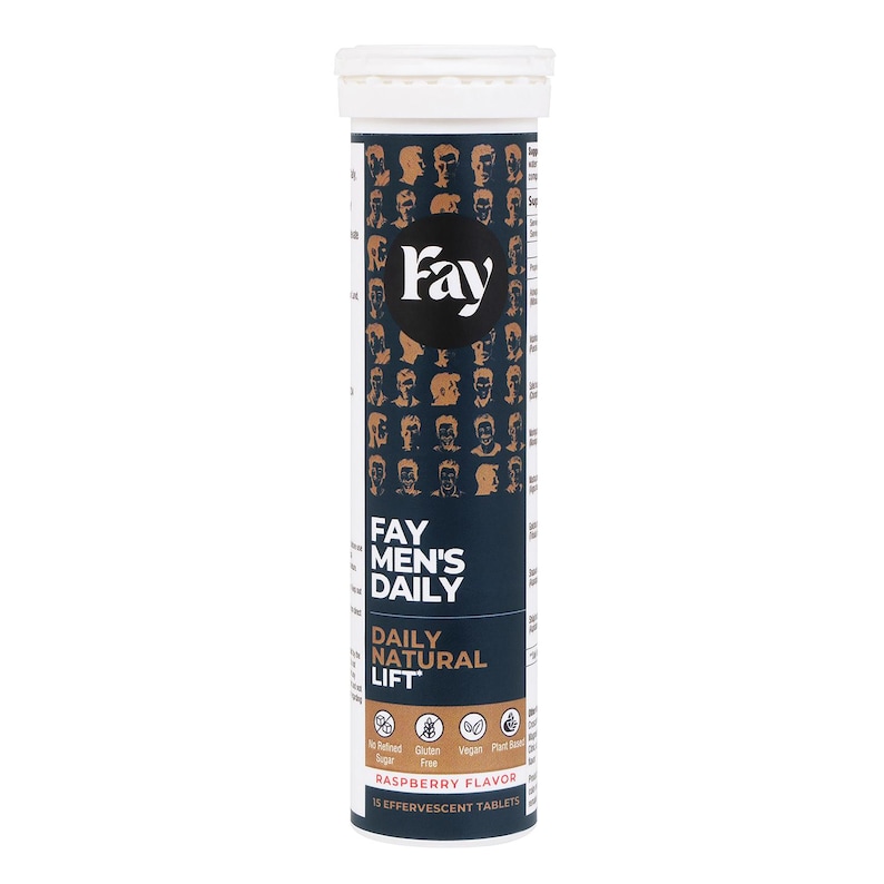 May include: A white and navy blue tube of Fay Men's Daily Natural Lift effervescent tablets. The tube has a white cap and features the Fay logo, along with the words "Daily Natural Lift" and "Raspberry Flavor". The tube contains 15 tablets.