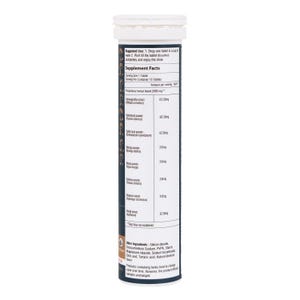 May include: A white and navy blue cylindrical container of effervescent tablets. The label includes supplement facts and instructions for use. The container has a white cap and is filled with tablets.
