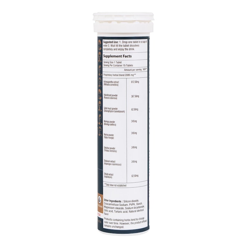 May include: A white and navy blue cylindrical container of effervescent tablets. The label includes supplement facts and instructions for use. The container has a white cap and is filled with tablets.