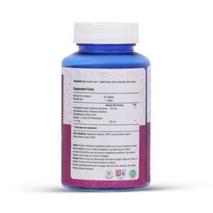 May include: A blue plastic supplement bottle with a white cap. The label includes text about the supplement facts, ingredients, and suggested use. The bottle contains 60 tablets.