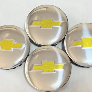 Set of 4 Chrome with Golden Grid Logo Aluminum 83mm Chevy Wheel Center Caps 22837060