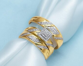 Trio-ringset i sterlingsilver, 14K guldöverdrag, kubisk zirkonia-diamant