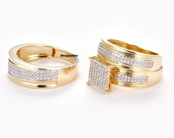Trio-vigselringar i sterlingsilver, 14K gult guld över