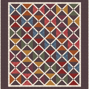 May include: A quilt pattern with a geometric design featuring a grid of triangles in various colors, including red, orange, yellow, green, blue, and purple. The triangles are arranged in a repeating pattern, creating a visually appealing and intricate design.