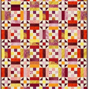 Könnte beinhalten: Ein farbenfroher Quilt mit einem geometrischen Muster. Der Quilt zeigt Quadrate, Rechtecke und Dreiecke in Rot-, Orange-, Gelb- und Cremetönen. Das Design ist symmetrisch und optisch ansprechend.