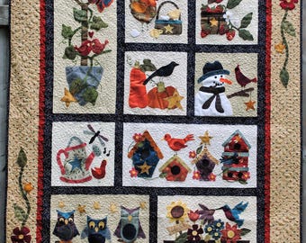 Modèle de courtepointe Tweets & Twinkles, bloc 10 sur 10 - Appliqué d'oiseau d'art populaire (modèle PDF)