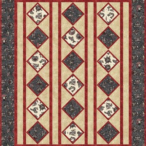 May include: A patterned quilt with a repeating design. The quilt features alternating diamond shapes in dark gray and cream, with red stripes and borders. The diamonds contain various stylized figures.