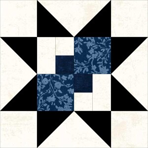 May include: A geometric quilt block design featuring a star pattern. The design incorporates black triangles, white squares, and squares with a blue floral pattern. The overall aesthetic is a modern take on a traditional quilt.