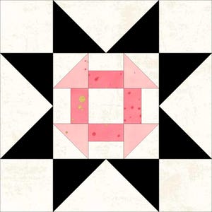 Puede incluir: Diseño de bloque de colcha con un patrón geométrico central rosa y blanco, rodeado de triángulos y cuadrados negros y blancos. La sección rosa tiene pequeñas manchas irregulares amarillas y rojas. El diseño es simétrico y visualmente equilibrado.