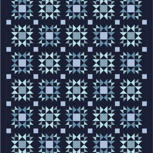 May include: A navy blue quilt featuring a repeating pattern of light blue and teal starburst designs. Each starburst is centered with a square and surrounded by triangles. The quilt has a square border.