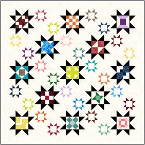 May include: A patchwork quilt featuring a repeating star pattern. The stars are black with colorful center squares in various colors and patterns, including red, blue, yellow, and green. The background is a cream color.