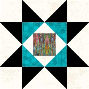 Puede incluir: Diseño de bloque de edredón abstracto con un cuadrado central con una pintura de pinceladas verticales y coloridas. El cuadrado está rodeado por un diamante turquesa, que se encuentra dentro de un patrón de estrella en blanco y negro.
