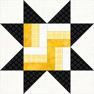 Puede incluir: Un bloque de patchwork geométrico con un diseño de estrella. El bloque está compuesto por piezas de tela blancas, negras y amarillas. Las puntas de la estrella son negras con un patrón repetitivo, mientras que el centro tiene rectángulos amarillos y blancos. El diseño general es simétrico.