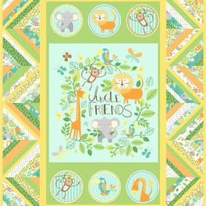 May include: A colorful quilt featuring a jungle theme. The central panel has the words "Jungle Friends" surrounded by cartoon animals like lions, monkeys, and giraffes. The border has a patchwork design with green, yellow, and orange accents.