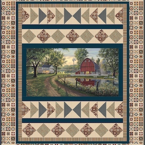 May include: A patchwork quilt featuring a central landscape scene of a red barn and white house. The quilt has a teal border with geometric patterns, triangles, and diamonds in shades of brown, beige, and blue. The overall design evokes a rustic, country aesthetic.