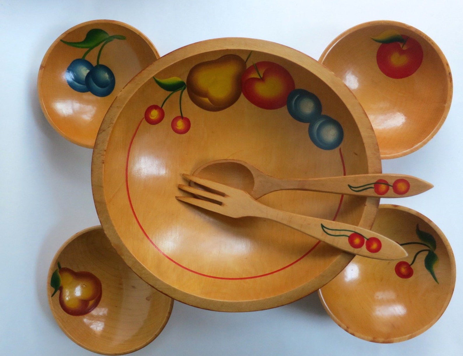 Vintage Hand Painted Wood Salad Bowl Set 7 Pieces 1950s Etsy