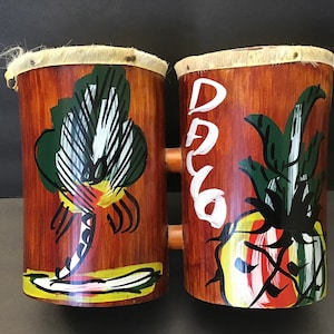Vintage Bongos Jamaican Souvenir Hand Painted Bamboo Calypso Bongos