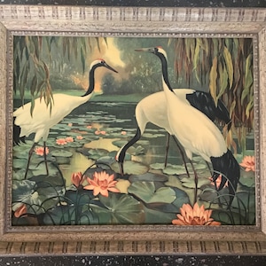 Vintage Crane Print Large Framed Jessie Arms Botke Manchurian Cranes with Nymphaea