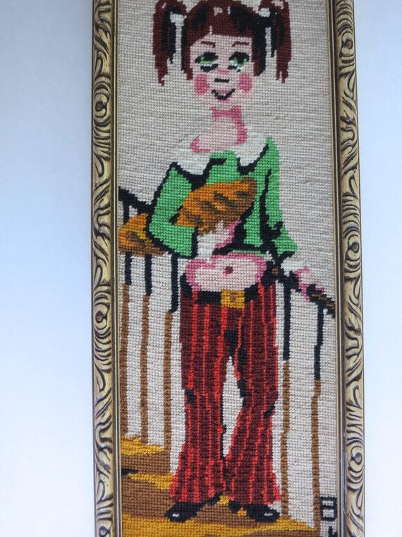 Wild Vintage Needlepoints French Hippie Kids Big Eyes Pair Of