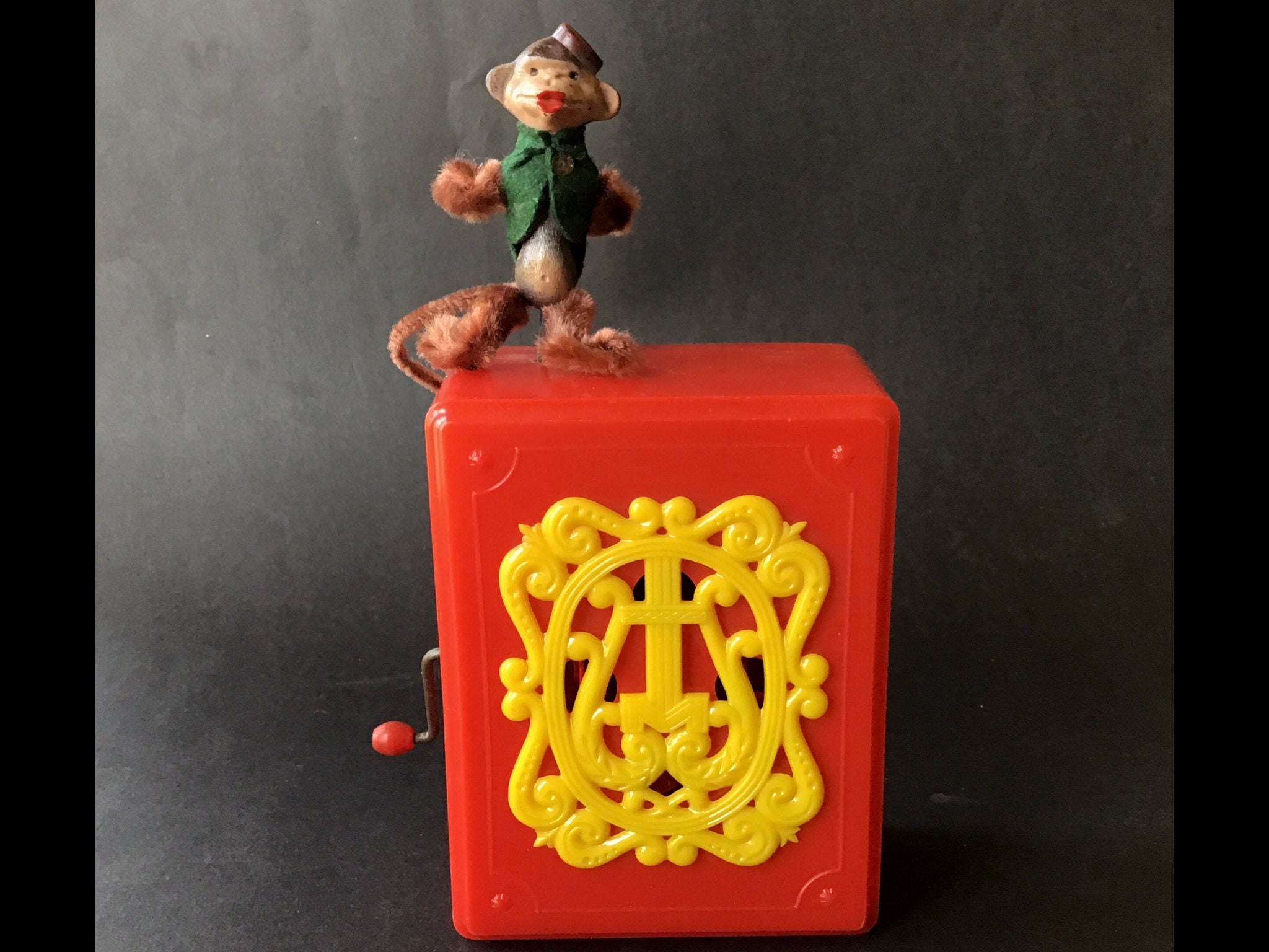 Vintage Hurdy Gurdy Musical Toy With Dancing Monkey Made by