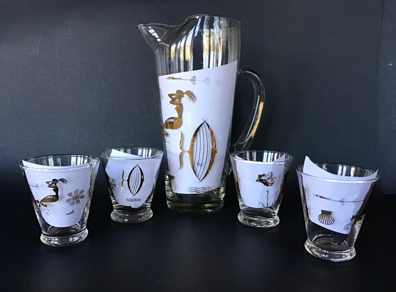 Vintage Cocktail Set Gold Mermaids and Sea Creatures by Meth MCM Cocktail Pitcher and 4 Glasses