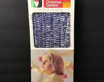 Vintage Christmas Garland Silver and Blue Tinsel Doubl Glo