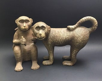 Pair of Vintage Cast Metal Monkey Figurines Bookends