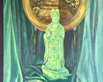Vintage Painting Asian Still Life with Jade Figure Original Artwork