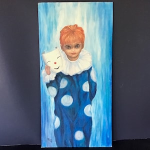 Vintage Big Eye Painting In The Style Of Margaret Keane Happy Mask Unhappy Boy