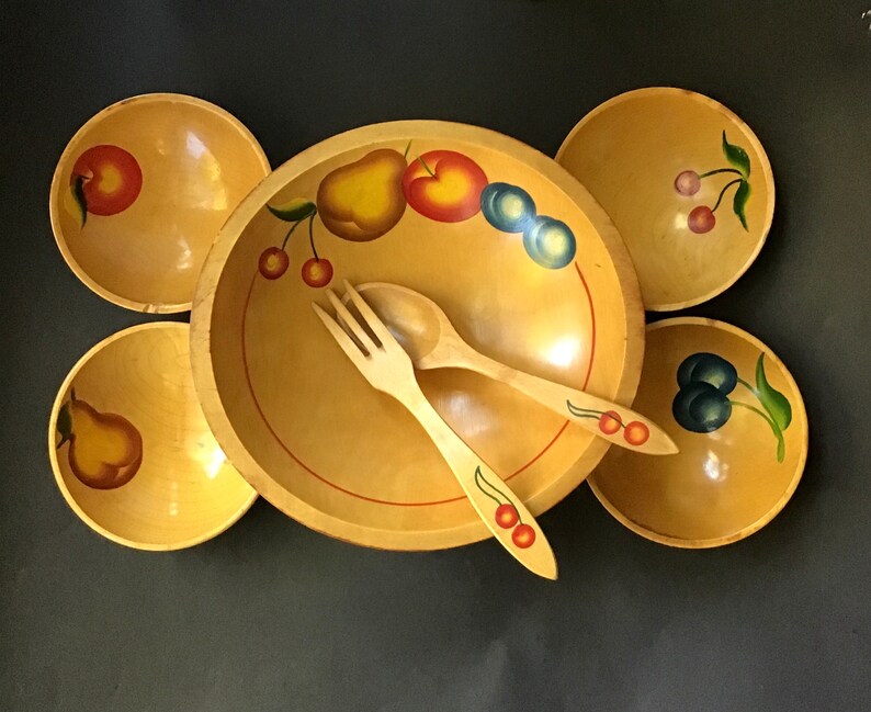 Vintage Hand Painted Wood Salad Bowl Set 7 Pieces 1950s Etsy