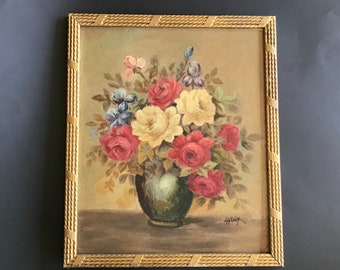 Flower Painting Vintage Floral Still Life in Gold Gesso Frame