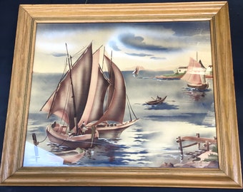 Vintage MCM Airbrush Painting Sailboats Large Framed Alex Wittman Painting